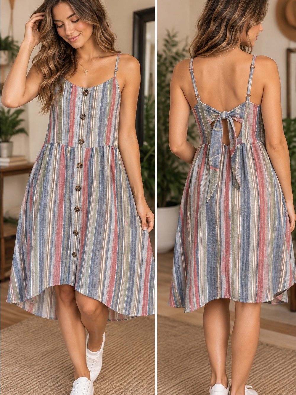 Rebellion Multi-Striped High-Low Sundress — Blue, Pink, Cream XL A
